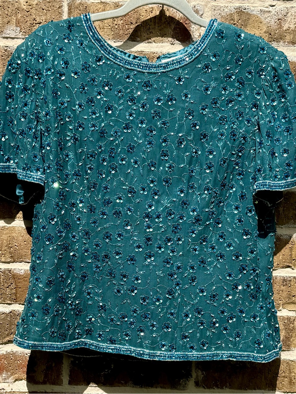 Vintage Adrianna Papell Beaded Sequin Silk Teal Top. Evening, Party Cocktail